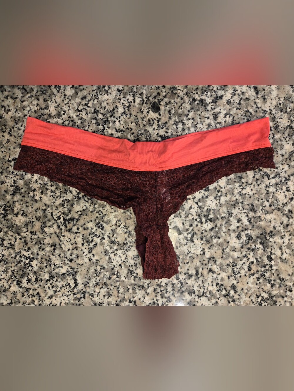 PINK Victoria's Secret Coral Waistband Burgundy Lace Thong
